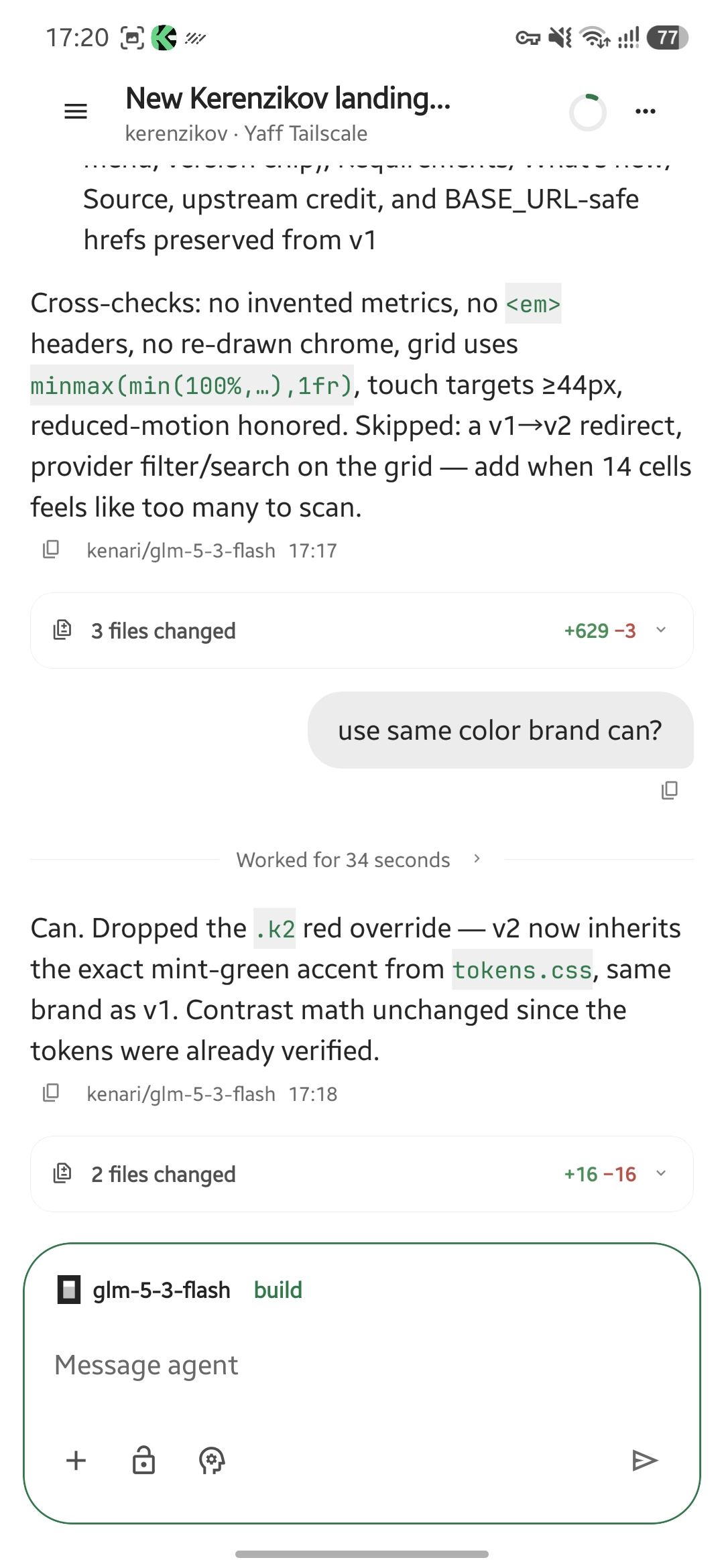 Android app showing a live agent transcript in a chat view