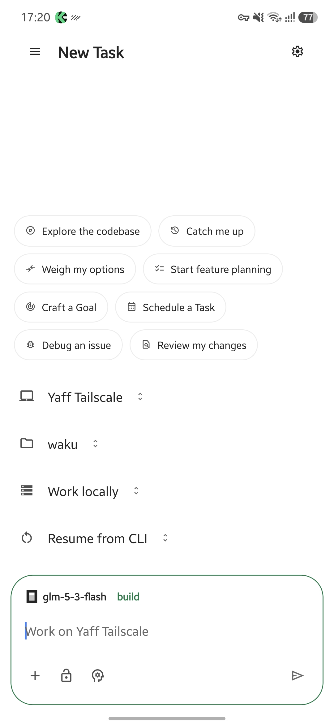 Android app New Task screen with quick-start chips, machine and project pickers, and the composer