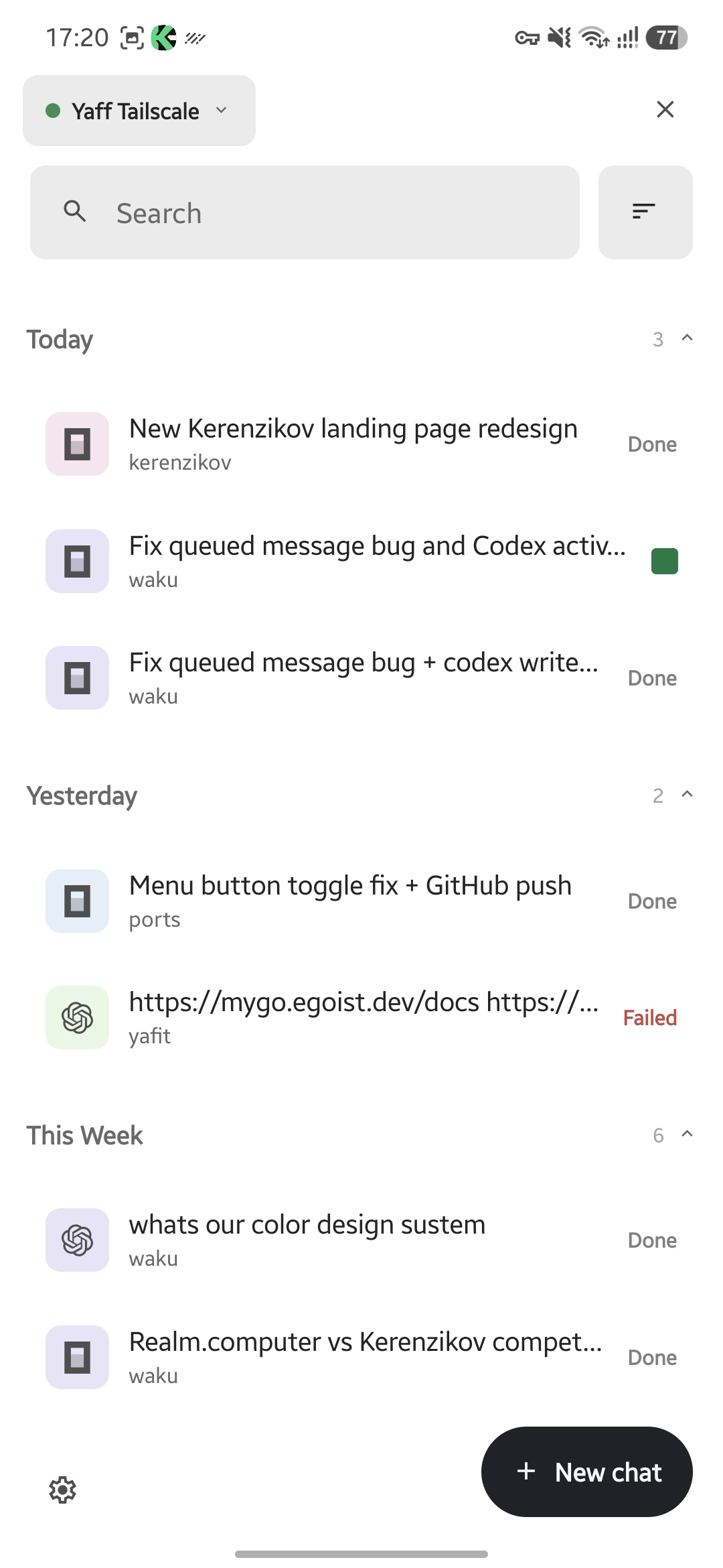 Android app task list grouped by day with provider marks and status per task