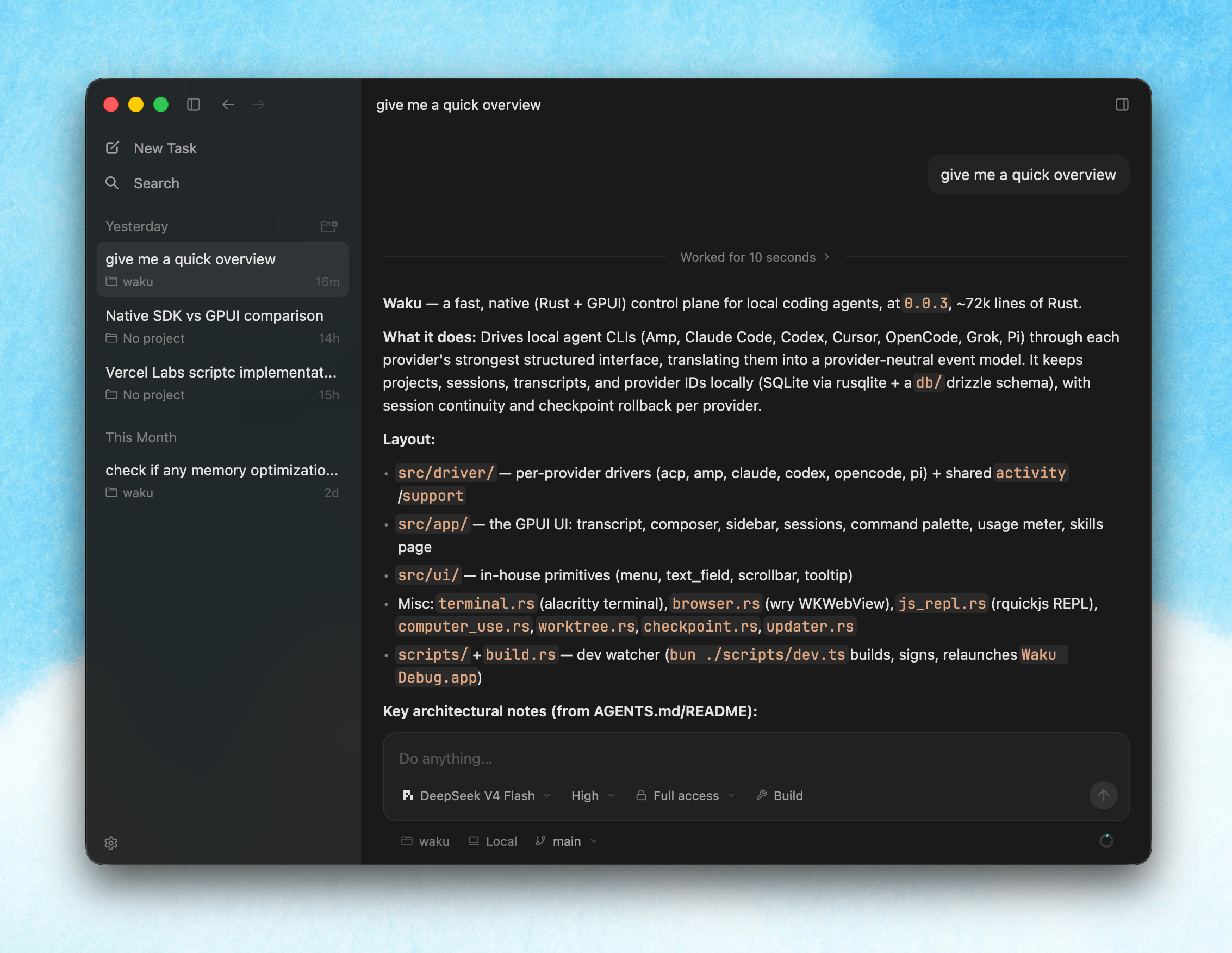 Kerenzikov showing a coding-agent session: task list on the left, transcript and tool activity in the centre, file diffs on the right
