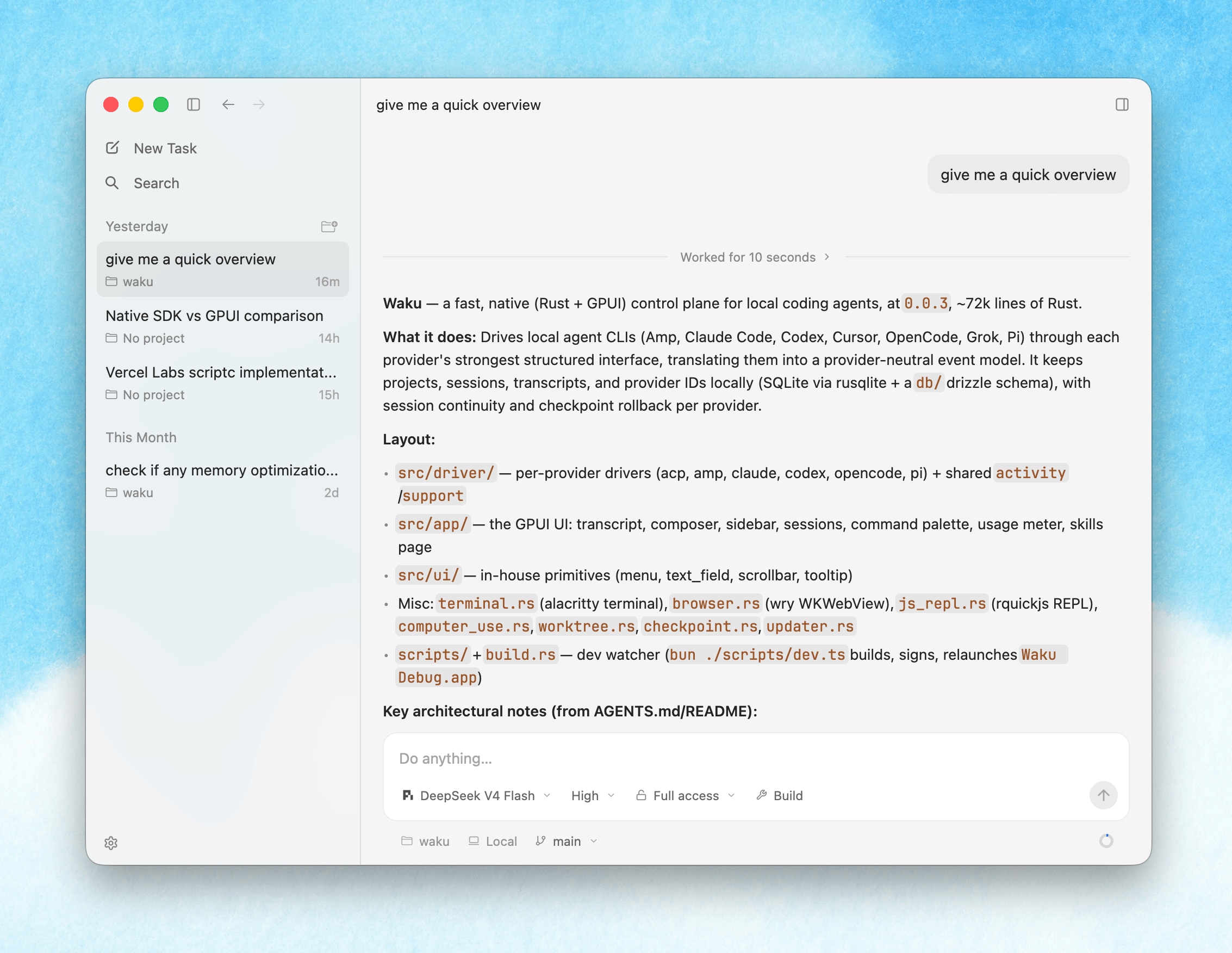 Kerenzikov showing a coding-agent session: task list on the left, transcript and tool activity in the centre, file diffs on the right