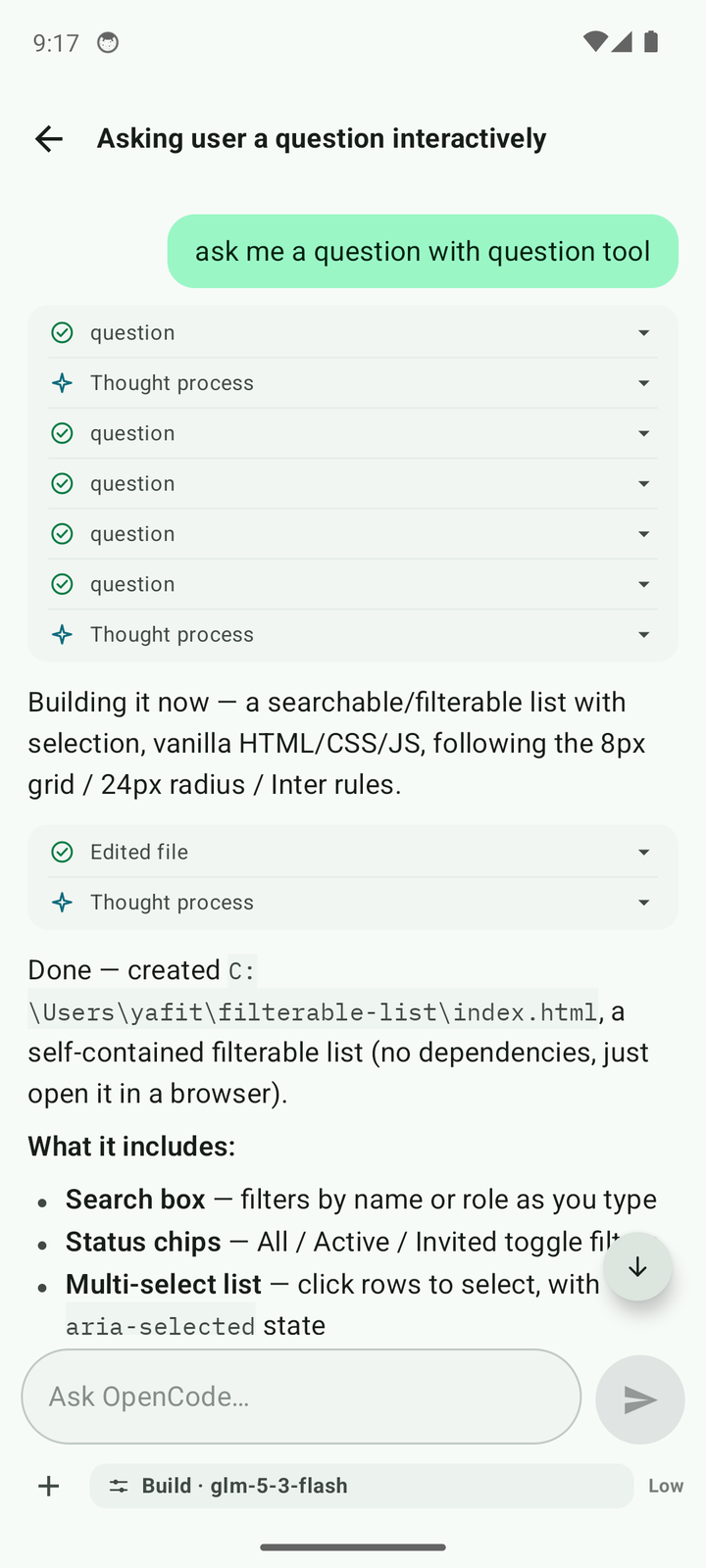 The chat screen: a streamed answer with reasoning and tool rows above it