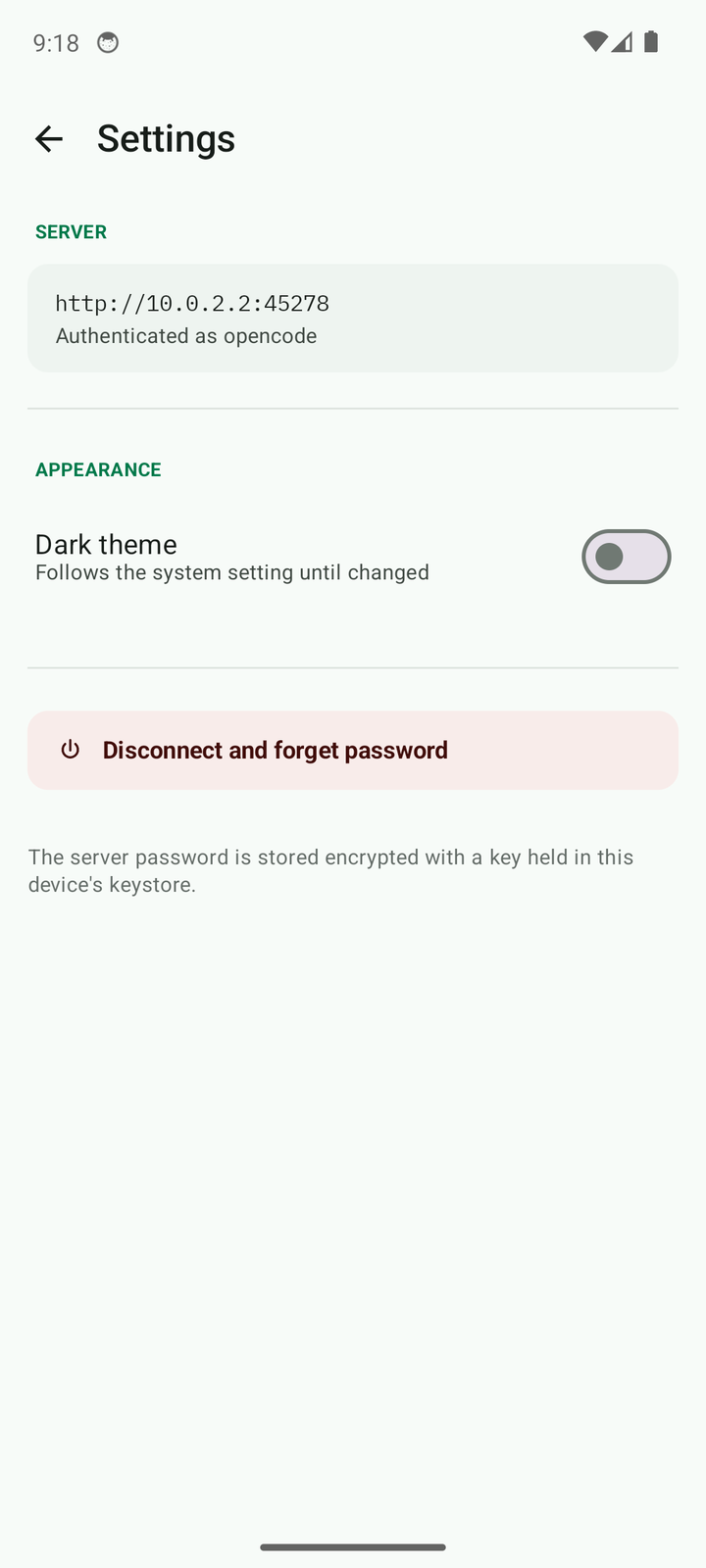 Settings: the connected server, the dark theme switch and the disconnect action