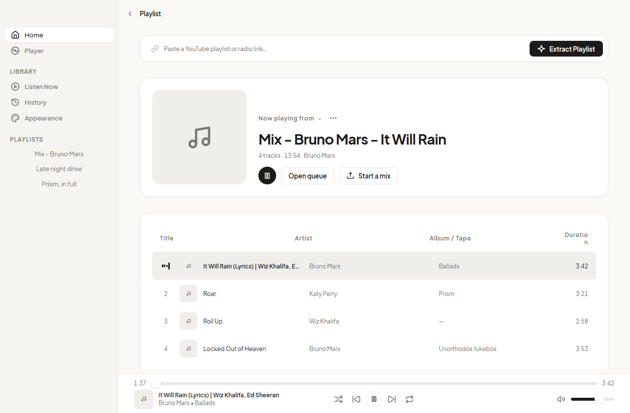 The home page. A field at the top reads Paste a YouTube playlist or radio link, with an Extract Playlist button. Below it, the open mix with its cover, Play all and Open queue, and the first four tracks in a table.