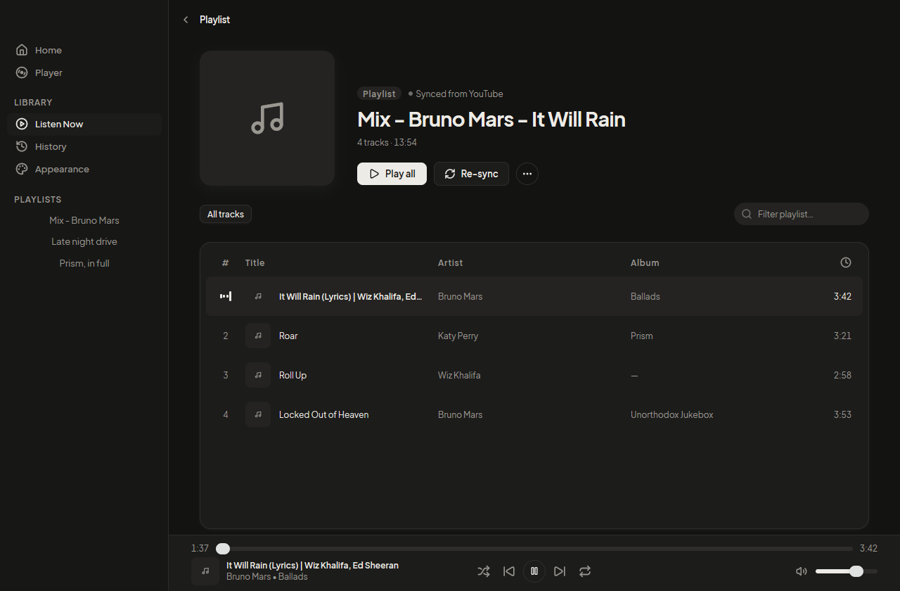 The playlist page in the dark theme. The same mix, its cover, Play all, Re-sync, a filter field, and four tracks. The playing row carries a small equaliser glyph.