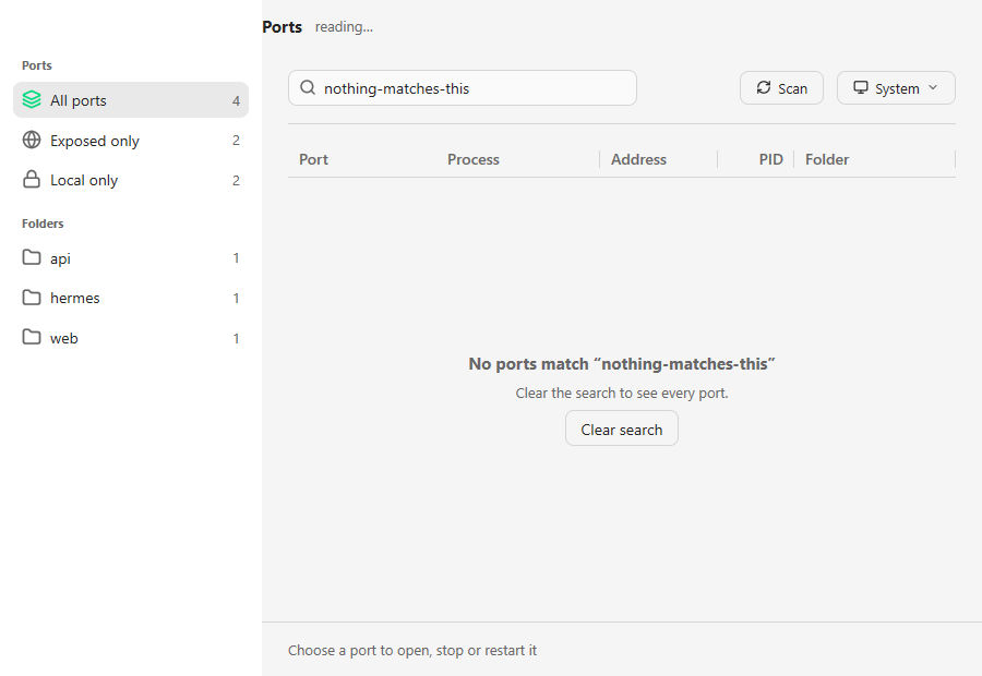 The empty state after a search matches nothing: it names the query and offers a Clear search button.