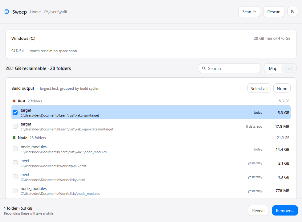 Sweep's list view: build directories grouped under Rust, Node, Python and CMake headings, each row showing its path, when it last changed, its size, and a checkbox.